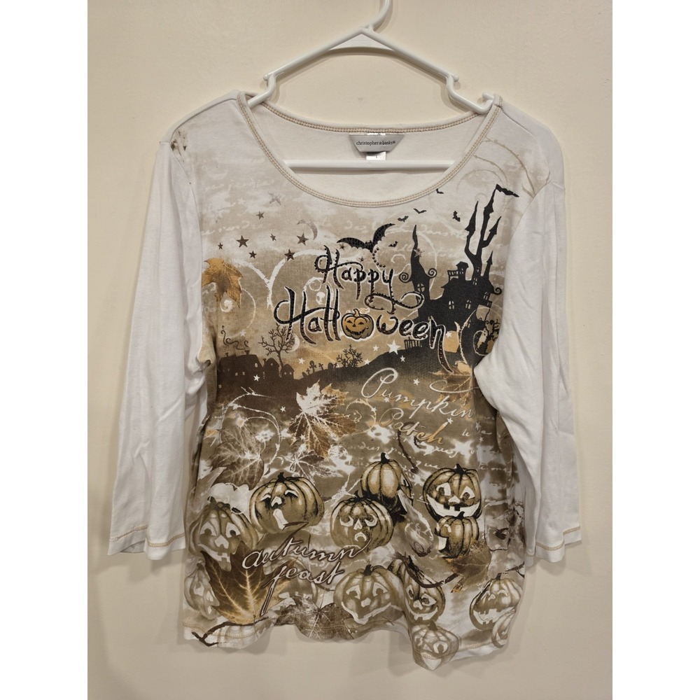 Christopher & Banks Halloween Graphic Rhinestone Top Shirt L Pumpkins Cotton
